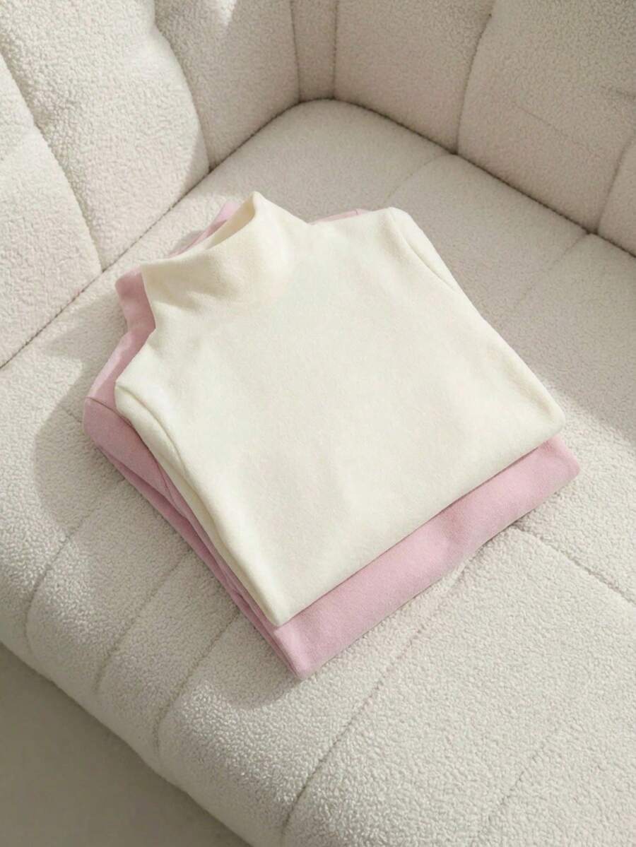 SHEIN 2件套女婴秋冬服装，返校季，适合6个月至3岁宝宝，杏色和粉色休闲简约弹力高领长袖上衣，舒适柔软，适合春、秋、冬季外出和居家穿着，可作为礼物。