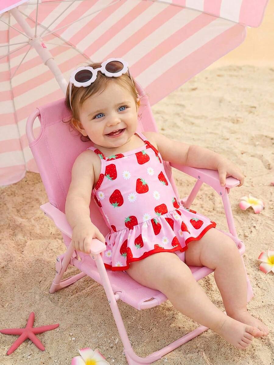 SHEIN Baby Girl Vacation Strawberry & Daisy Print Ruffle Trim One-Piece Swimsuit - Pink - View 1