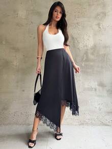 Firerie Women's Black Asymmetrical Contrast Lace Hem Skirt, Elegant, Old-Fashioned Cruise Attire For Wedding Guests Modern Urban Casual Fashion Business - Black - View 1