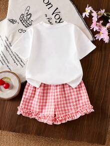 SHEIN Set de 2 piezas (Pequeño) Estilo coreano suelto y lindo para niñas - Top corto y conjunto de camiseta, verano - Rosa - Ver 2