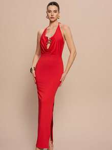 Leighera Đầm maxi ôm sát gợi cảm, hở lưng, không dây vai, chất liệu kim loại, họa tiết hoa, khoét sâu, màu đỏ, thích hợp cho hẹn hò, ngày Valentine, tiệc tùng. - Đỏ - Xem 5