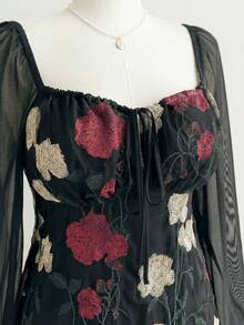 Soleia Váy ngắn chữ A thêu hoa lãng mạn cỡ lớn dành cho nữ, tay dài xòe, phong cách nghỉ dưỡng - màu đen - Xem 5