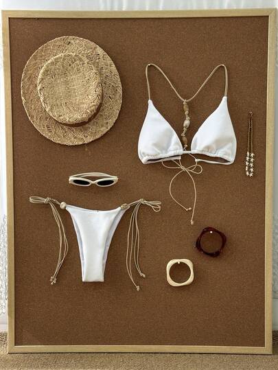 Swim Mod Solid Color Triangle Wireless Bra & Drawstring Side Tie Swim Bottoms Women Two Pieces Swimwear, Cute Beach Holiday Casual Outfit