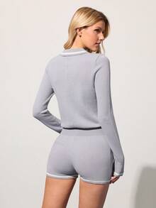 CourtClass 女士休闲运动撞色包边半扣开衫连体裤，秋季 - 灰色 - 查看 2