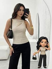 Firerie Women's Apricot Hollow Out Twist Knit Vest, Apricot Ribbed Knit Tank Top, Hollow Pleated Collar Blouse, Minimalist Casual Sleeveless Top, Spring/Autumn/Winter Clothing, Elegant, Commute, Casual, Daily, Minimalist, Work Outfit,Spring Outfit Women - Apricot - View 4