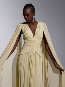 Elitara 优雅、浪漫、时尚、复古卡其色弹力网纱深V领荷叶边披肩A字型正式派对礼服、婚礼宾客礼服、单身派对礼服、正式晚宴礼服 - 卡其色 - 查看 5