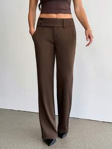 SHEIN Tall 女士时尚休闲复古口袋喇叭裤，复古风，商务休闲女装，外出穿搭，返校季，巧克力色喇叭裤，休闲裤，复古裤，夏季穿搭 - 棕色 - 查看 8