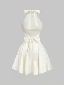 SHEIN MOD Petite 女士纯色露背扭结褶皱吊带迷你连衣裙 - 杏色 - 查看 3