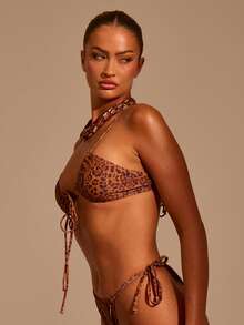 Musera Resort Leopard Print Tie Front Bikini Top Only Summer Beach Vacation Sexy Swim Cute Festival Graphic Spring - Multicolor - View 5