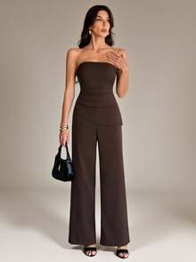 SHEIN Tall Women's Casual Sleeveless Top And Pants Suit Set, Summer In Fall/Winter Brown Two Piece Set Strapless Jumpsuit Brown Jumpsuit Dark Brown Top Chocolate Brown Top Brown Strapless Top Strapless Top And Pants Set Dark Brown Two Piece Set Chocolate Brown Outfit Wide Leg Brown Pants - Brown - View 4