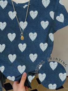 Resyla 女士休闲日常通勤全幅爱心印花短袖T恤，夏季 - 彩色 - 查看 5