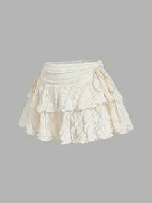 SHEIN MOD 抽绳和折叠细节纯色蛋糕裙 - 杏色 - 查看 2