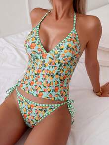 Swim Mod 2pcs/Set Lemon Print Beach Vacation Striped Drawstring Camisole & Bikini Set - Multicolor - View 3