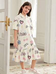 SHEIN 少女休闲街头风涂鸦爱心字母印花翻领宽松超大款拼接褶皱Polo衫裙，短袖中长款 - 米色 - 查看 4