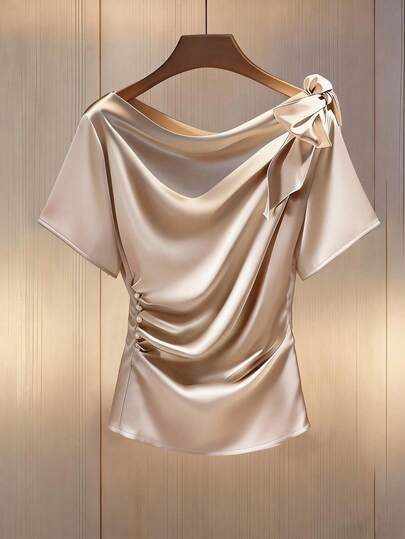 GlowEve CURVE Plus Size Women's Elegant Bow Tie Waist Gathered Short Sleeve Blouse, Suitable For Early Spring Commute