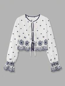 lacRébo Áo kiểu trắng thêu hoa, thắt nơ phía trước, dáng rộng, phong cách Boho Pháp, mùa xuân hè, kiểu Paris. - Màu xanh lam - Xem 7
