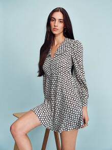 lacRébo Floral Print Long Sleeve Woven Mini Dress With Oversized Collar Vintage Style French Style Parisian Style - Black - View 4