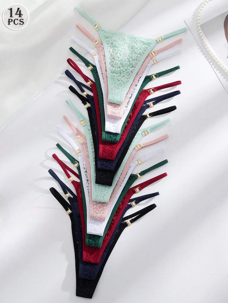 SHEIN Conjunto de 14 piezas de bragas tipo tanga de mujer con encaje floral y decoración de diamantes de lujo - Multicolor - Ver 1