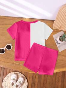 2pcs/Set Girls Casual Creative Cute Cartoon Rabbit, Bubble Tea, Heart Graphic Print T-Shirt And Bike Shorts Set, Comfortable Cozy Summer And Fall Styles, Suitable For Spring, Summer, Autumn
