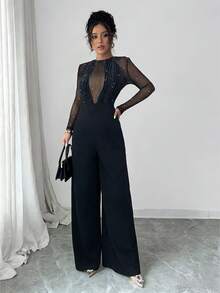 Rafferiza 女士亮面针织连体裤，性感优雅派对装扮，适合新年庆祝活动，黑色 - 黑色 - 查看 4