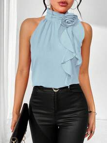 EMERY ROSE Women's Halter Neck Shirt With 3d Flower Decoration For New Year Clothes - Blue - View 5