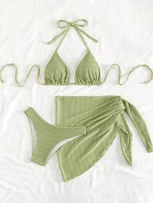 Swim Mod 女款純色掛脖綁帶性感比基尼泳衣套裝，附遮蓋裙，夏季海灘裙套裝，保守比基尼套裝，橄欖綠兩件式比基尼海灘套裝 - 黃色 - 查看 3