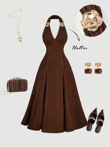 SHEIN MOD Đầm maxi nữ họa tiết hoa 3D ánh kim, xếp nếp, thích hợp cho Ngày Valentine, trang phục Valentine cho nữ, lễ hội Carnival, đầm maxi thanh lịch, đầm dự tiệc, đầm gợi cảm, đầm dự tiệc, đầm thường ngày, đầm vintage, trang phục lễ hội nhạc đồng quê, đầm màu nâu sô cô la, đầm nâu thanh lịch, đầm cocktail màu nâu. - màu nâu - Xem 7