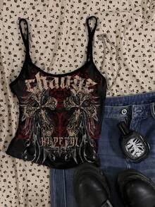 Attitoon Set de 3 piezas de top tipo camiseta Y2K, estilo punk retro y casual, con estampados versátiles de corazón, cruz, alas y letras góticas en inglés desgastadas, para un cómodo verano y primavera de las mujeres - Multicolor - Ver 3