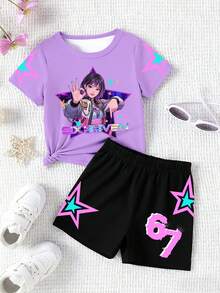 一套少女休闲时尚舒适简约百搭创意可爱3D星星数字“67”字母K-POP女孩全印花短袖T恤和短裤套装，适合春夏穿着