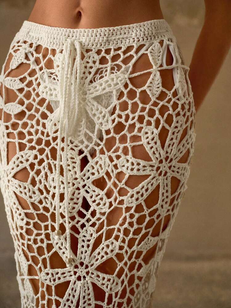 HANDMADE CROCHET FLORAL KNITTED LIGHTWEIGHT SHEER ROMANTIC COVER-UP SKIRT, SUITABLE FOR BEACH