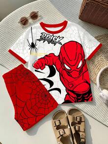 SHEIN Young Boy Casual T-Shirt Set, Classic Cool Cartoon Spider Hero, Spider Pattern, Spider Web, Graphic Print, Suitable For Spring/Summer