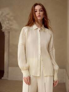 MOTF PREMIUM ÁO SƠ MI NHẸ, PHỐI REN TƯƠNG PHẢN, CHẤT LIỆU TENCEL PHA, THOẢI MÁI, DÀNH CHO MÙA XUÂN/HÈ - Vàng nhạt - Xem 3