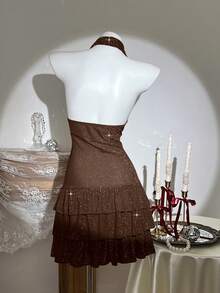 SHEIN Unity Deep Draped Neck Backless Mini Dress, Party Wear - Brown - View 2