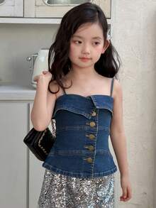 DAZY Girls' Denim Patchwork Strap Vest - Blue - View 4