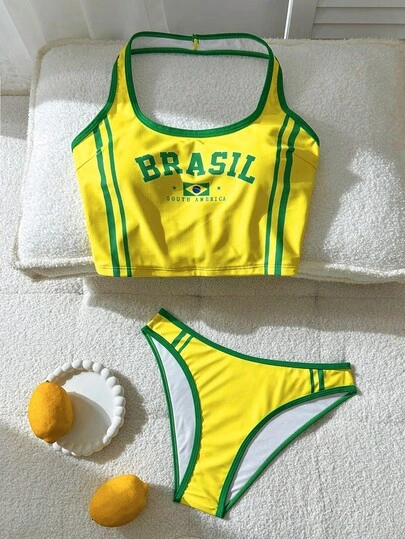 Swim Vcay Conjunto de playa para mujer, estampado con colocación del patrón de la bandera de Brasil, contraste de color amarillo y verde, moda casual de vacaciones deportivas, top de tirantes finos tipo bikini, traje de surf deportivo