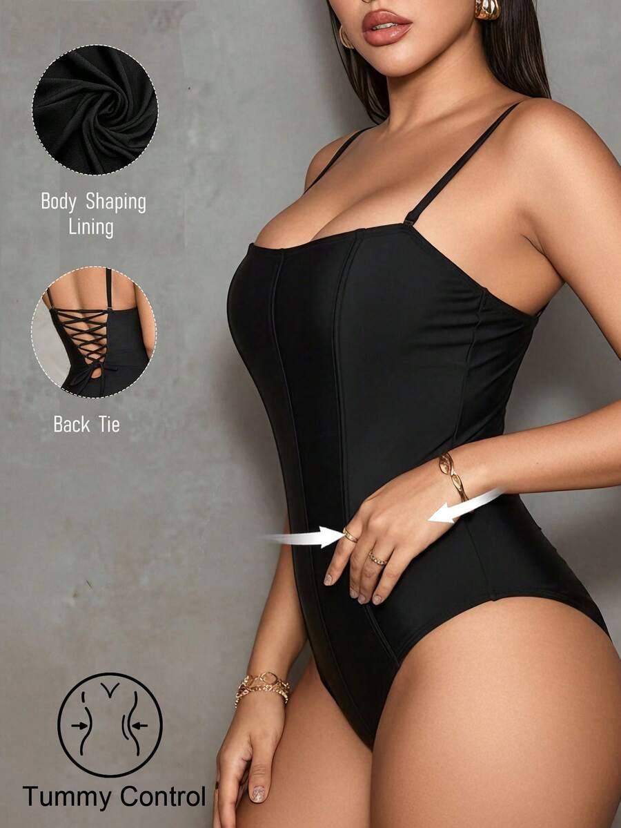 Shapewave 1 pieza Traje de baño de una sola pieza elegante para mujer con bandeau de unicolor y cuerda en forma de espina de pescado, para playa y vacaciones, primavera/verano - Negro - Ver 1