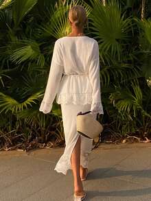 DAZY 女士度假风花卉蕾丝拼接落肩长袖上衣和中长裙两件套 - 白色 - 查看 8