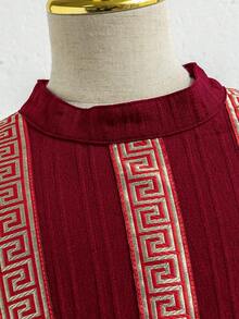 Đầm trễ vai họa tiết hình học chắp vá phong cách vintage thường ngày cho bé gái tuổi teen - Màu Đỏ Sâu - Xem 3