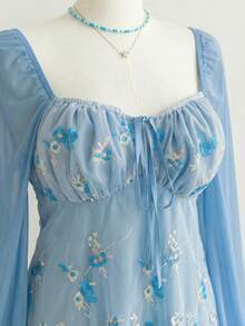 Soleia Plus Size Embroidered Blue Long Sleeve Mini Dress - Baby Blue - View 6