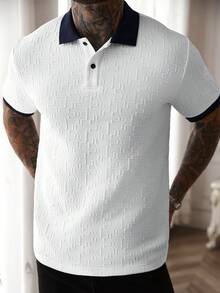 Manfinity CasualCool Men's Contrast Collar Short Sleeve Polo Shirt, Textured Jacquard Casual Top/Men's Casual Commuting Color Block Short Sleeve Polo Shirt - White - View 4
