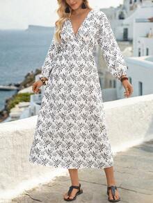 SHEIN Holidaya Đầm nữ mùa hè cổ chữ V sâu (viền không đều) - Đen và trắng - Xem 6