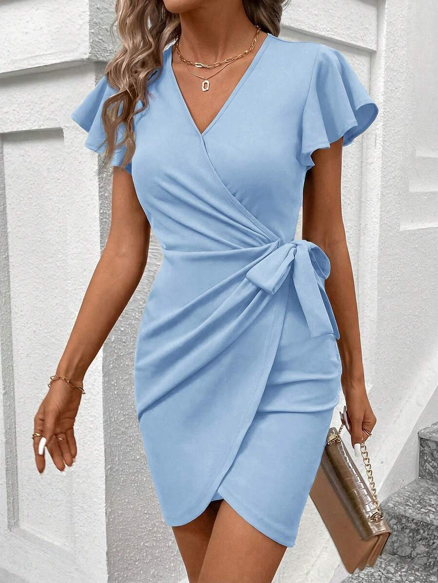 SHEIN Clasi Đầm nữ thanh lịch, đơn giản, màu trơn, cổ chữ V, tay bồng, thắt nút bên hông, thích hợp cho mùa hè. - Màu xanh nhạt - Xem 1