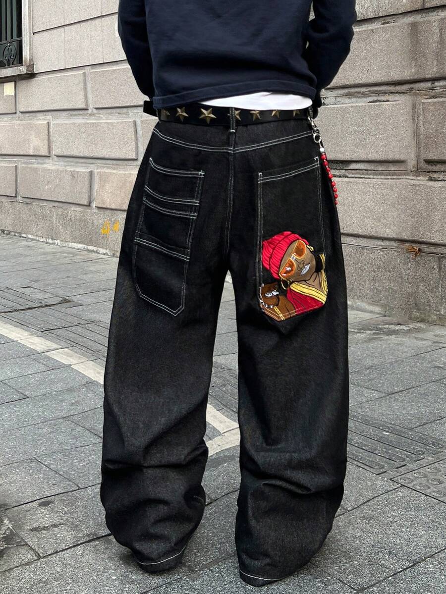 STEELVANCE 复古街头风休闲宽松直筒牛仔裤，后袋饰有独特的狗狗刺绣图案。 - 黑色 - 查看 1