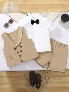 Elegant Boys Khaki Polyester Vest Shorts Suit Outfit With Shirt Collar Regular Sleeve Double Button Details - Khaki - View 4