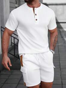 Manfinity Homme 男士白色撞色T恤休闲套装 - 白色 - 查看 8