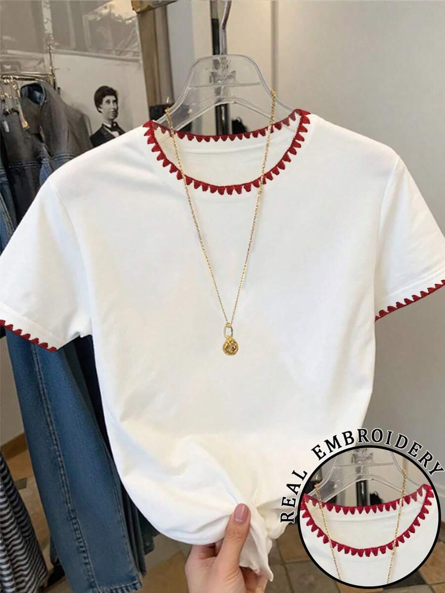 Resyla Women's Casual Simple Ribbed Crew Neck Short Sleeve T-Shirt, Summer - White - View 1