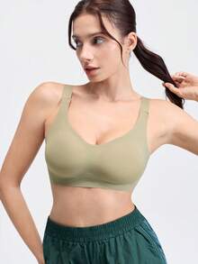 Loungeista 1pc Casual Comfy Green Wireless Seamless Women Bra, Simple Solid Color Bra Wirelessfor Summerfor Summer - Green - View 4