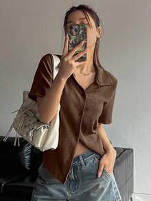DAZY Áo thun nữ tay ngắn màu trơn, kiểu dáng thường ngày, cài cúc phía trước, thích hợp cho mùa hè. - Rỉ Nâu - Xem 2