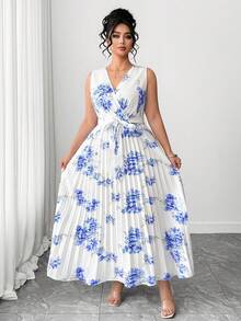 Elenzga 大码女士优雅印花褶皱连衣裙 - 彩色 - 查看 4