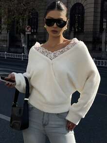 DAZY Women's Lace Patchwork V-Neck Fitted Long Sleeve White Sweater - White - View 4